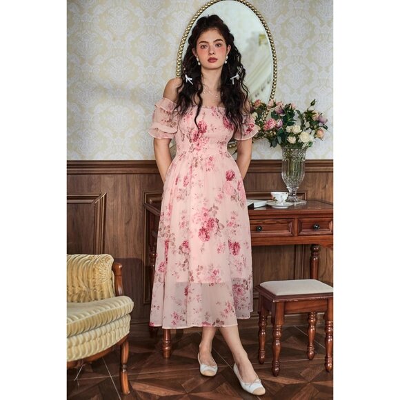 Women's Cottagecore Puff Sleeve Floral Maxi Dress Flowy Smocked Summer - Picture 2 of 5